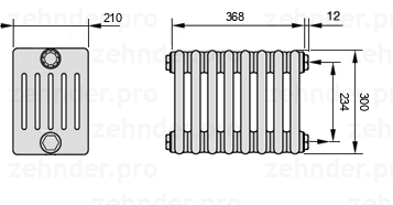 Схема (чертеж) Радиатор Zehnder Charleston 6030/8 №7610 Белый глянцевый RAL 9016